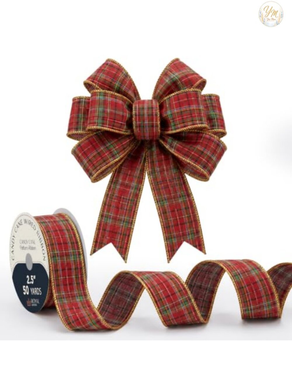 Wired Tartan Plaid Christmas Ribbon 2.5" x 50 Yd Polyester Gold Edge